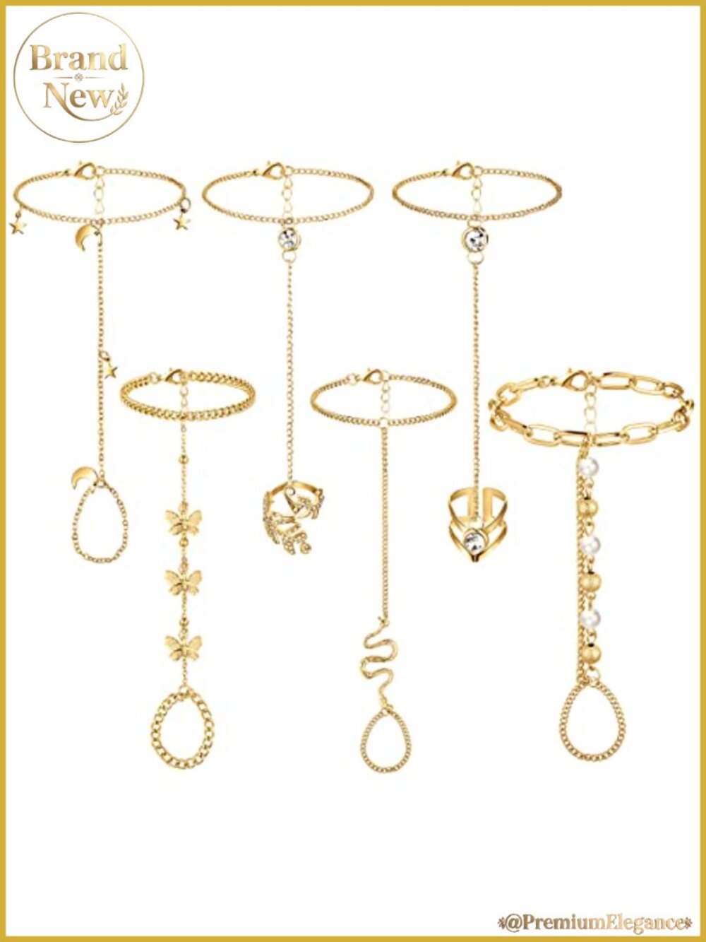 6 Piece Rhinestone Gold Ring Bracelet Set Hand Chain Jewelry Women